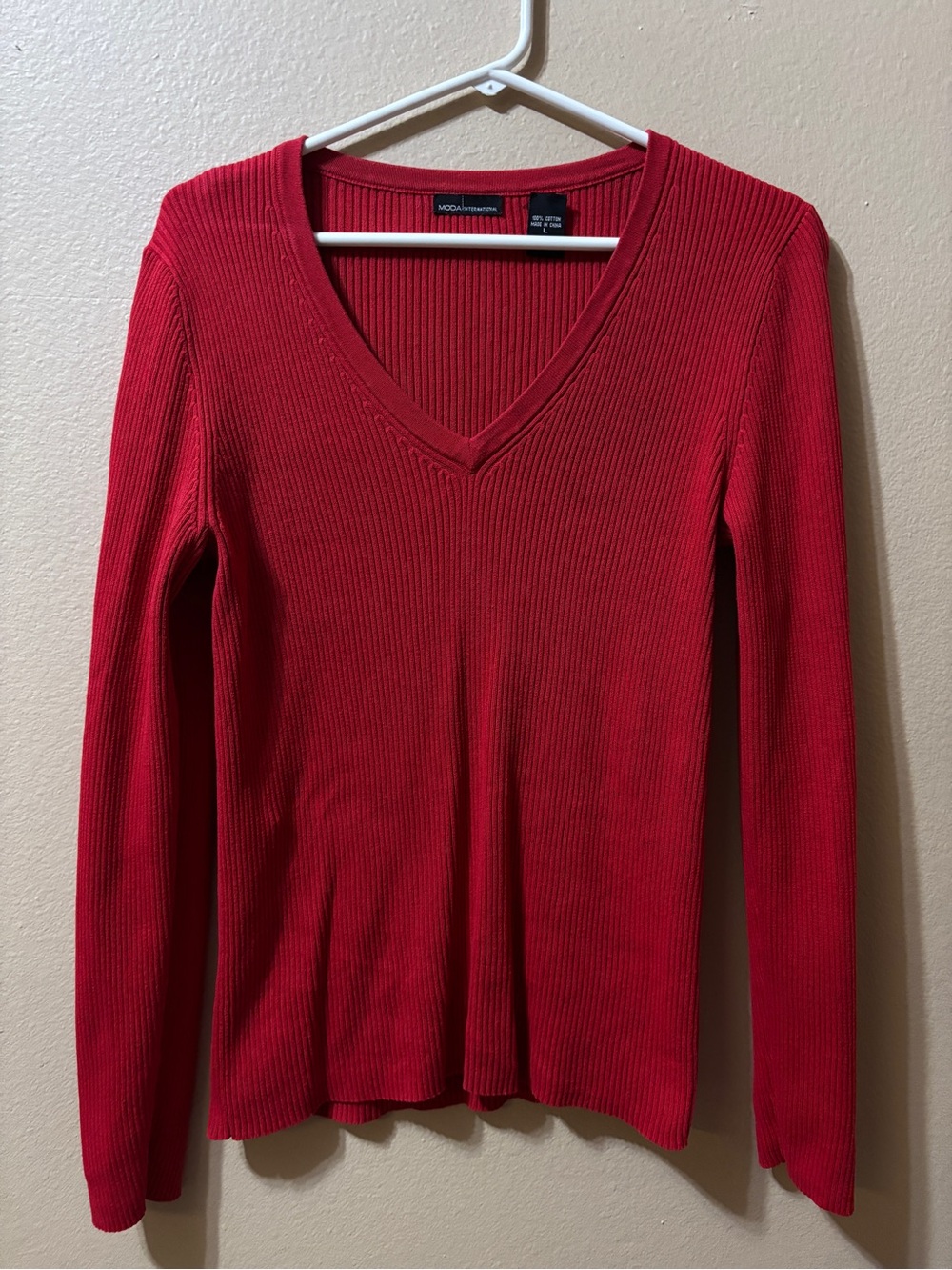 Victoria's Secret Moda International Red Ribbed V Neck Cotton Sweater Top SZ L